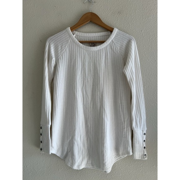 Chaser Waffle Knit Thermal Top Button Cuff Long Sleeve Ivory XS Basic Modest - Picture 1 of 8